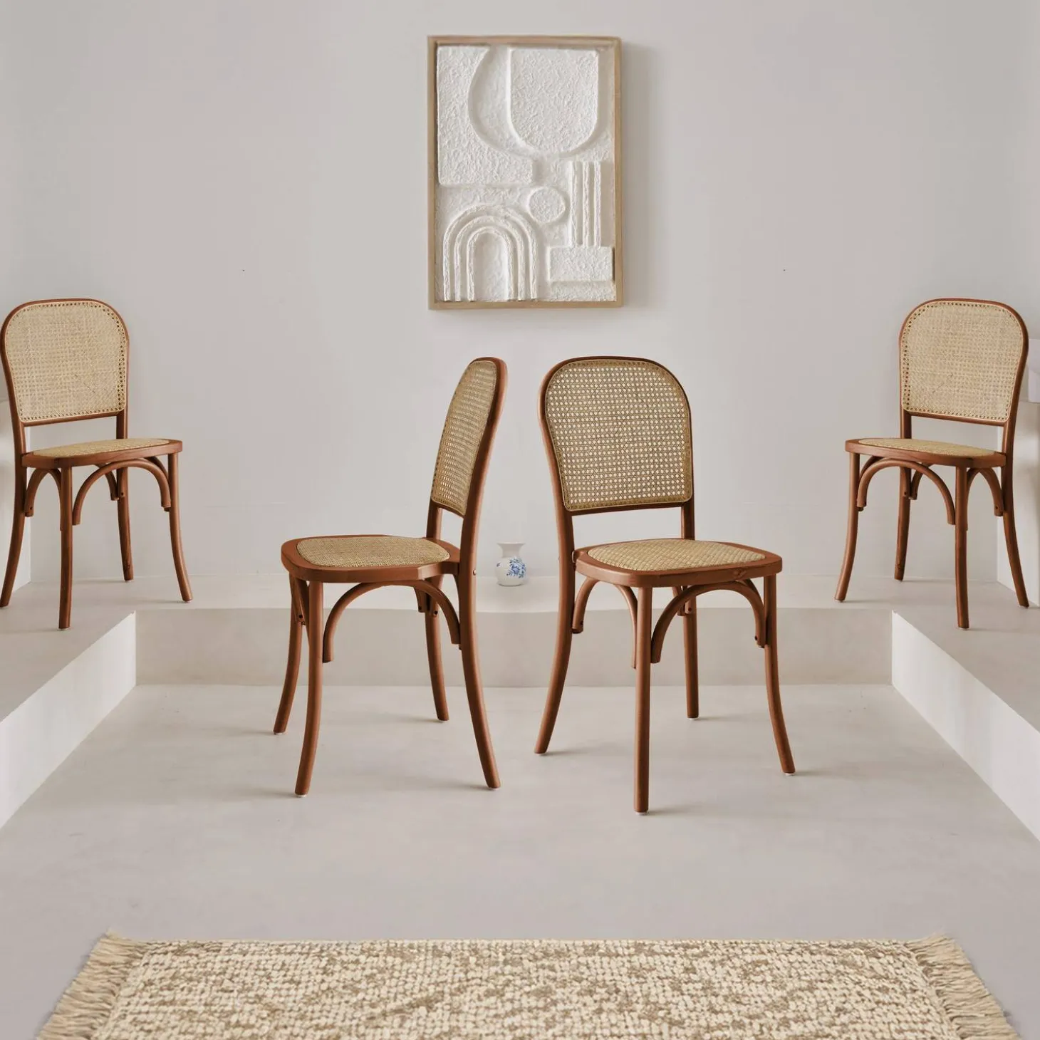Cadeira vintage em madeira e revestida em rattan, set de 4