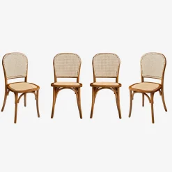 Cadeira vintage em madeira e revestida em rattan, set de 4
