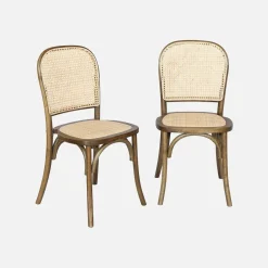 Cadeira vintage em madeira e revestida em rattan, set de 2