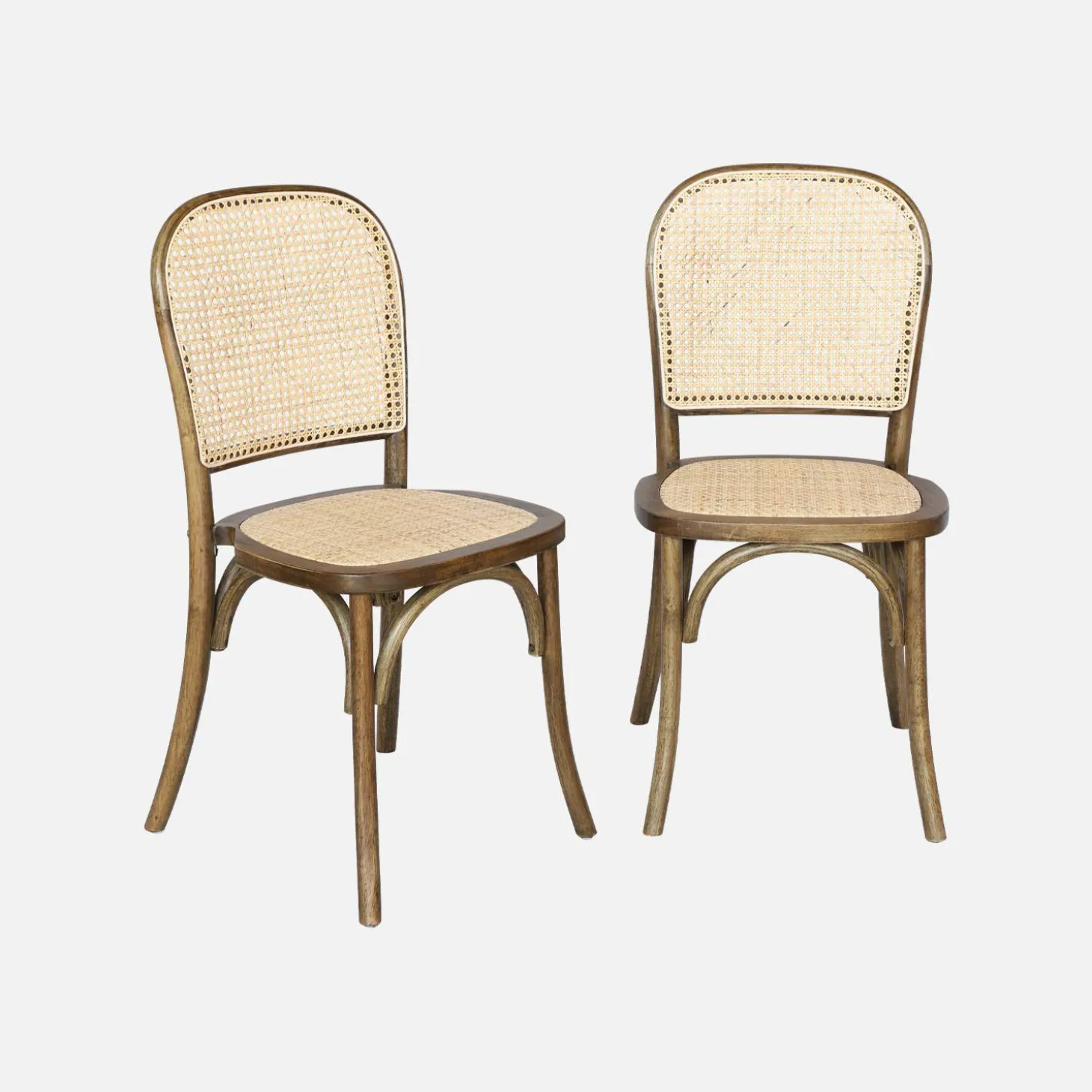 Cadeira vintage em madeira e revestida em rattan, set de 2