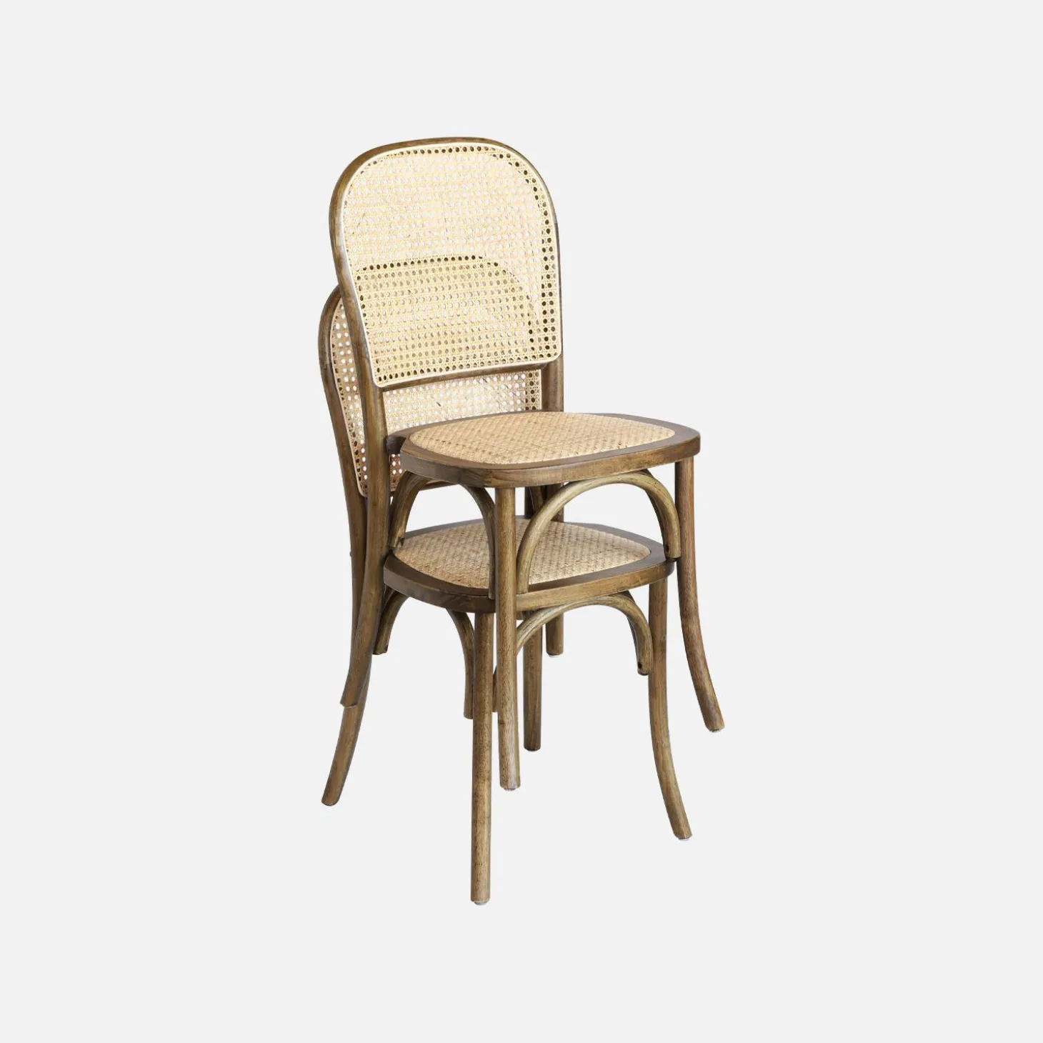 Cadeira vintage em madeira e revestida em rattan, set de 2