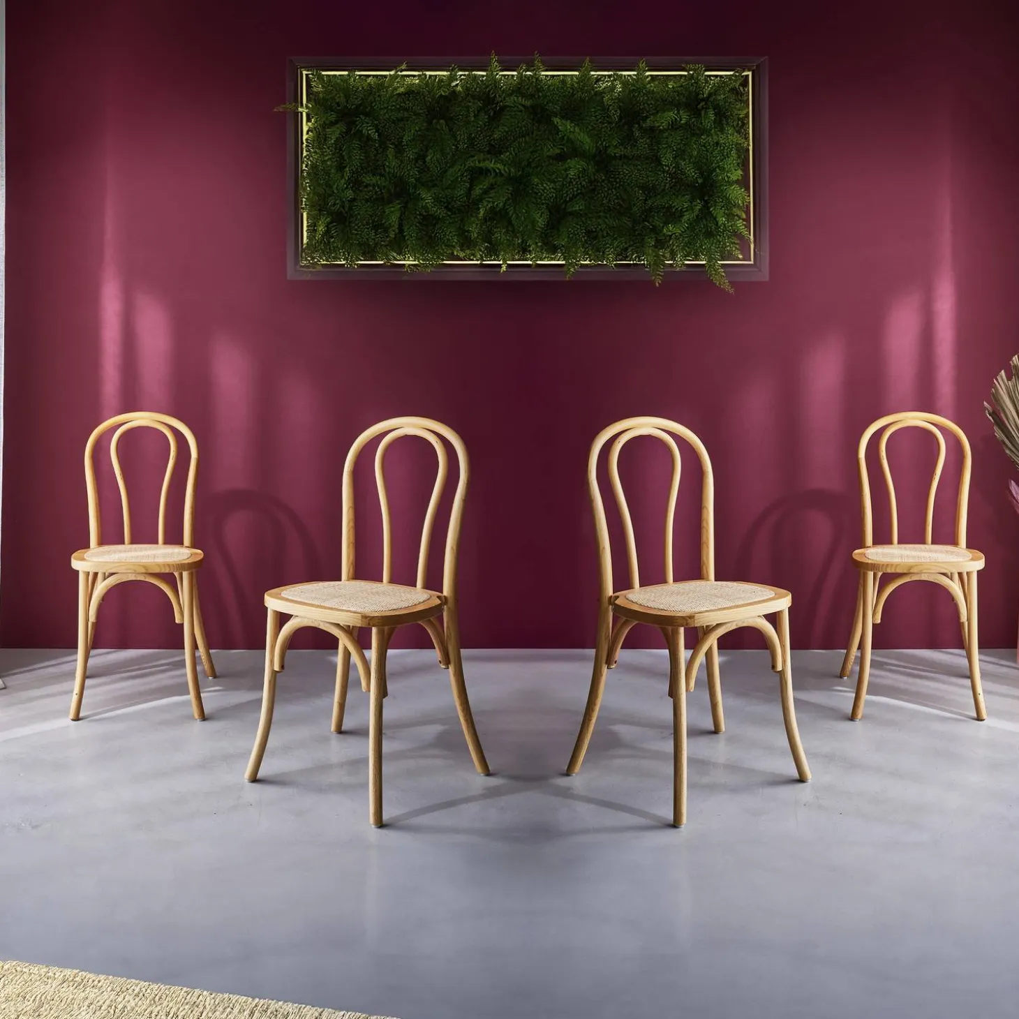Cadeira vintage em madeira e revestida em rattan, set de 4
