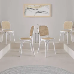 Cadeira vintage em madeira e revestida em rattan, set de 4