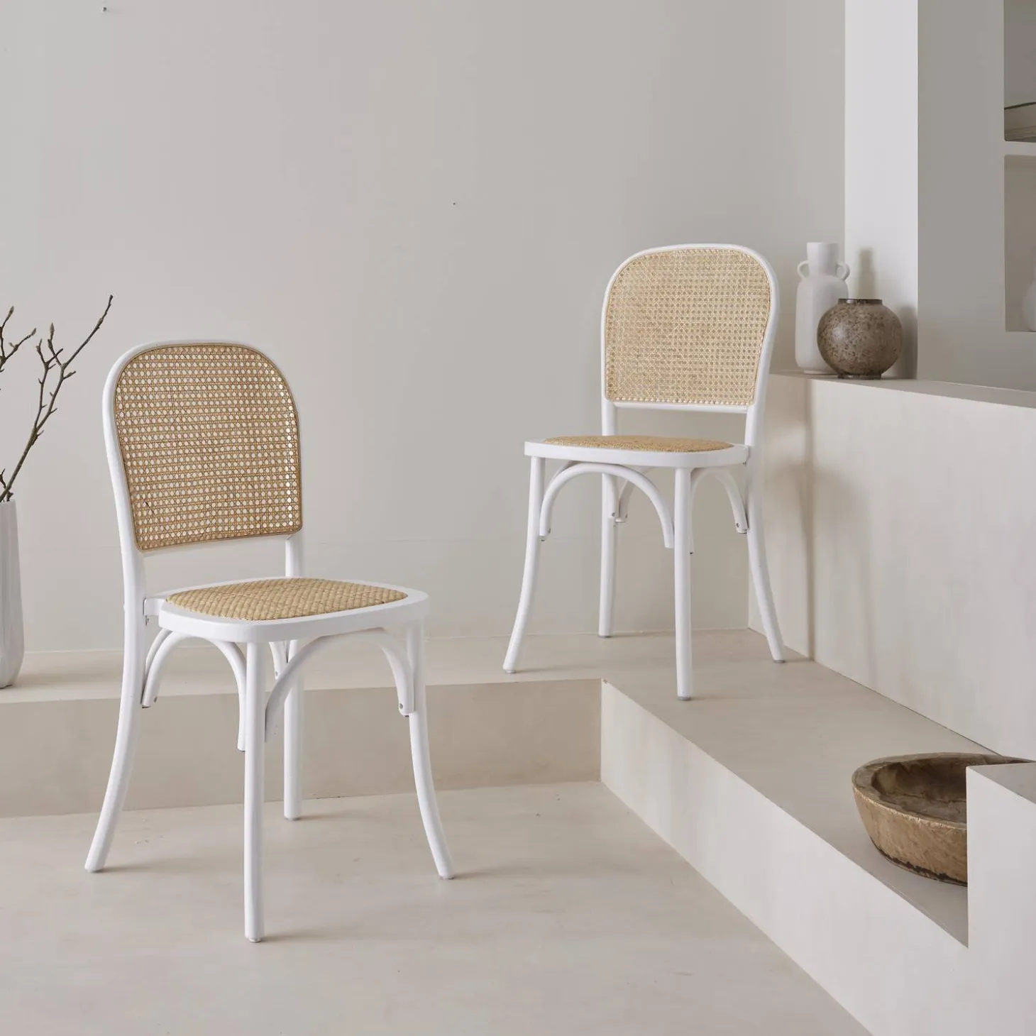 Cadeira vintage em madeira e revestida em rattan, set de 2
