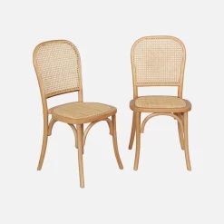 Cadeira vintage em madeira e revestida em rattan, set de 2