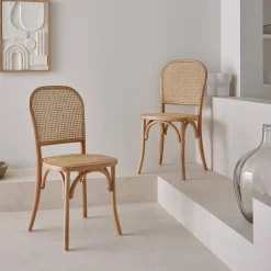Cadeira vintage em madeira e revestida em rattan, set de 2