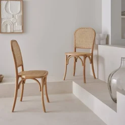 Cadeira vintage em madeira e revestida em rattan, set de 2