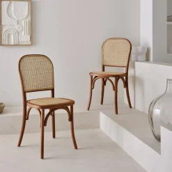 Cadeira vintage em madeira e revestida em rattan, set de 2
