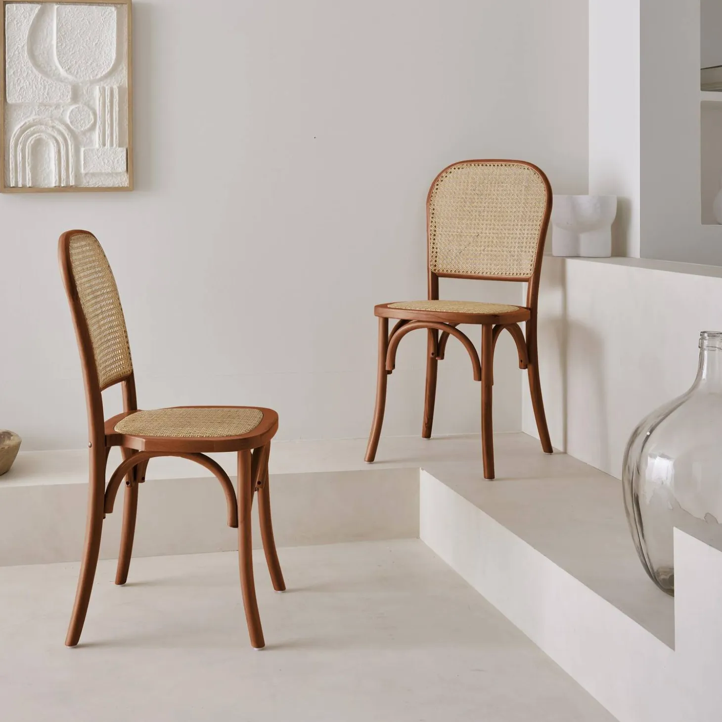 Cadeira vintage em madeira e revestida em rattan, set de 2