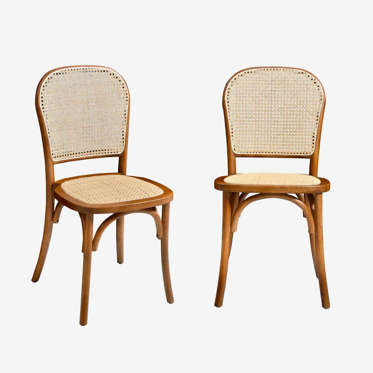 Cadeira vintage em madeira e revestida em rattan, set de 2