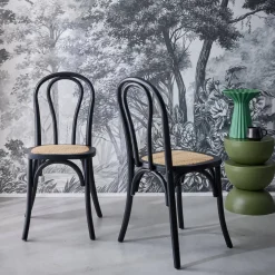 Cadeira vintage em madeira e revestida em rattan, set de 2