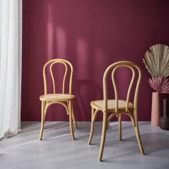 Cadeira vintage em madeira e revestida em rattan, set de 2