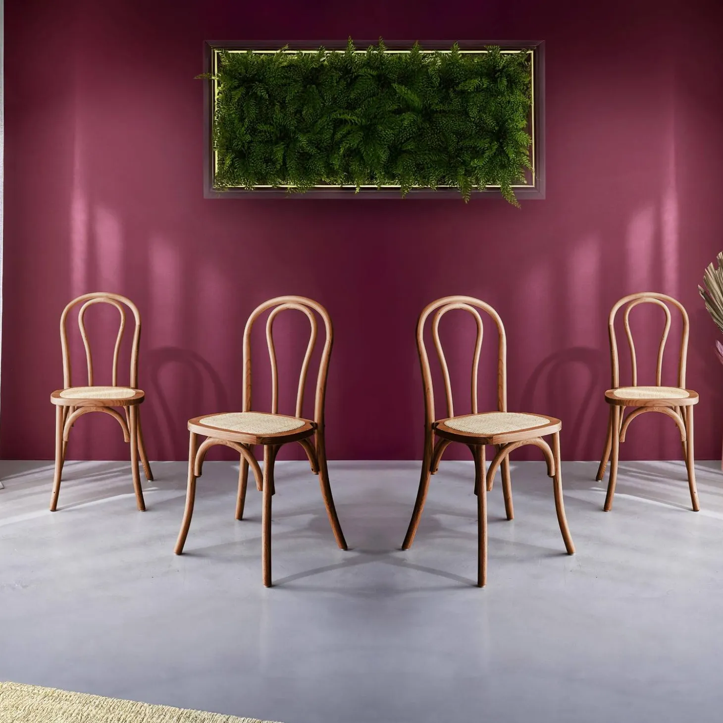 Cadeira vintage em madeira e revestida em rattan, set de 4