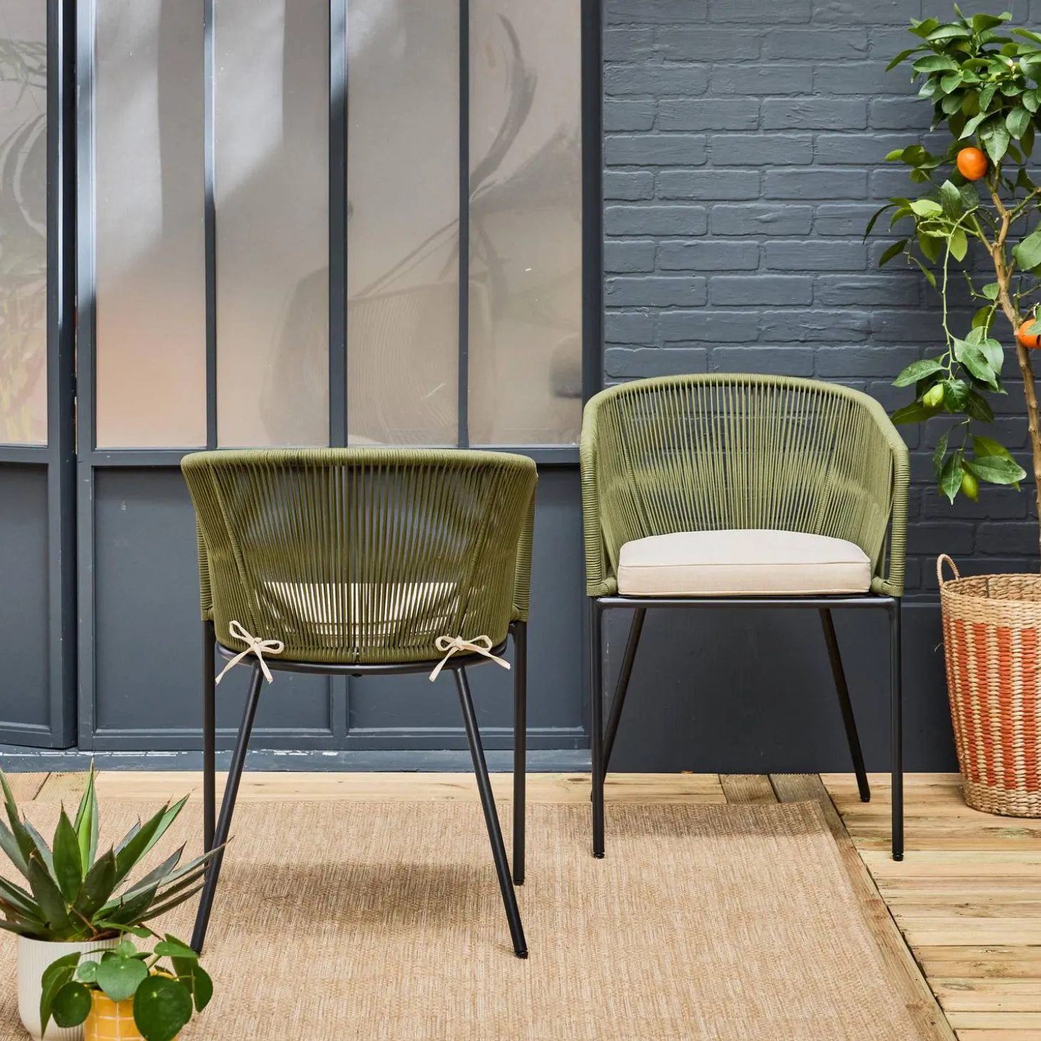 Cadeirão de jardim em corda e aço galvanizado, set de 2