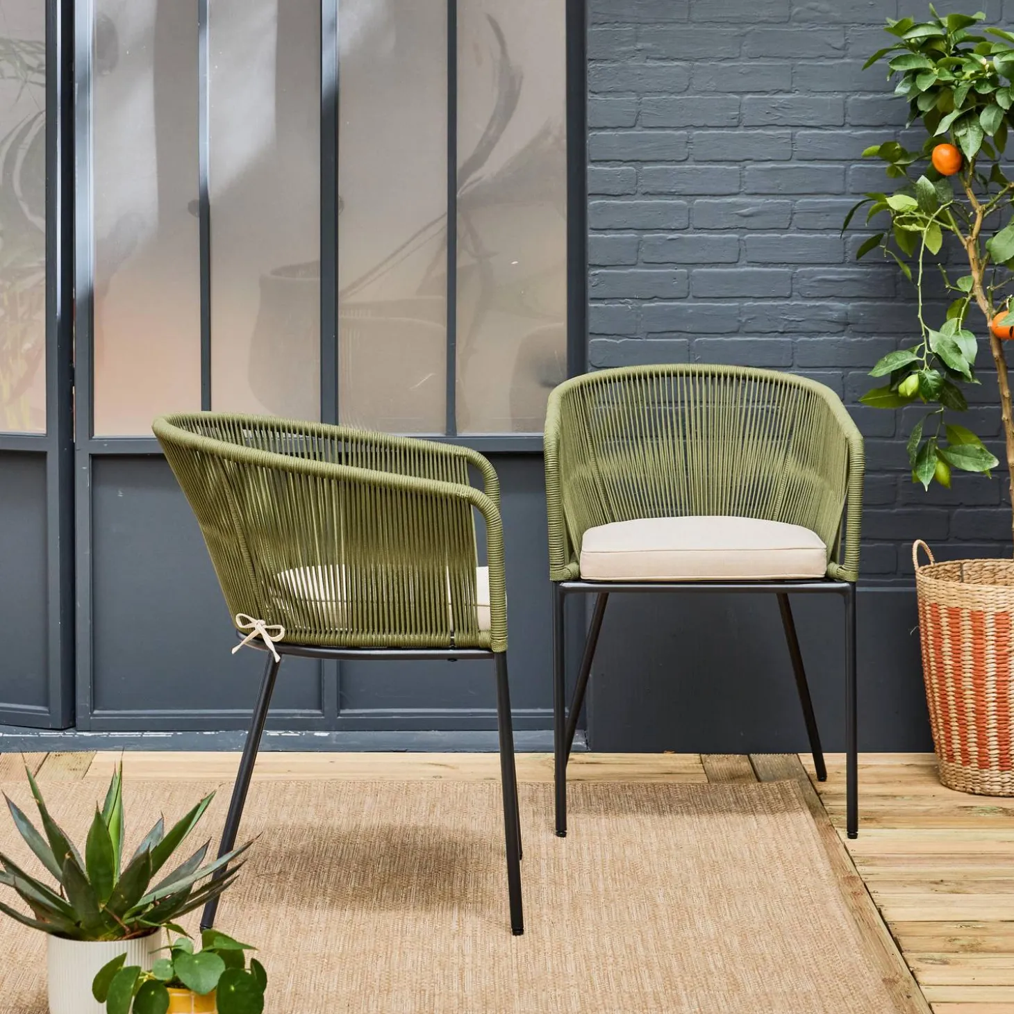 Cadeirão de jardim em corda e aço galvanizado, set de 2