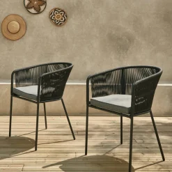 Cadeirão de jardim em corda e aço galvanizado, set de 2