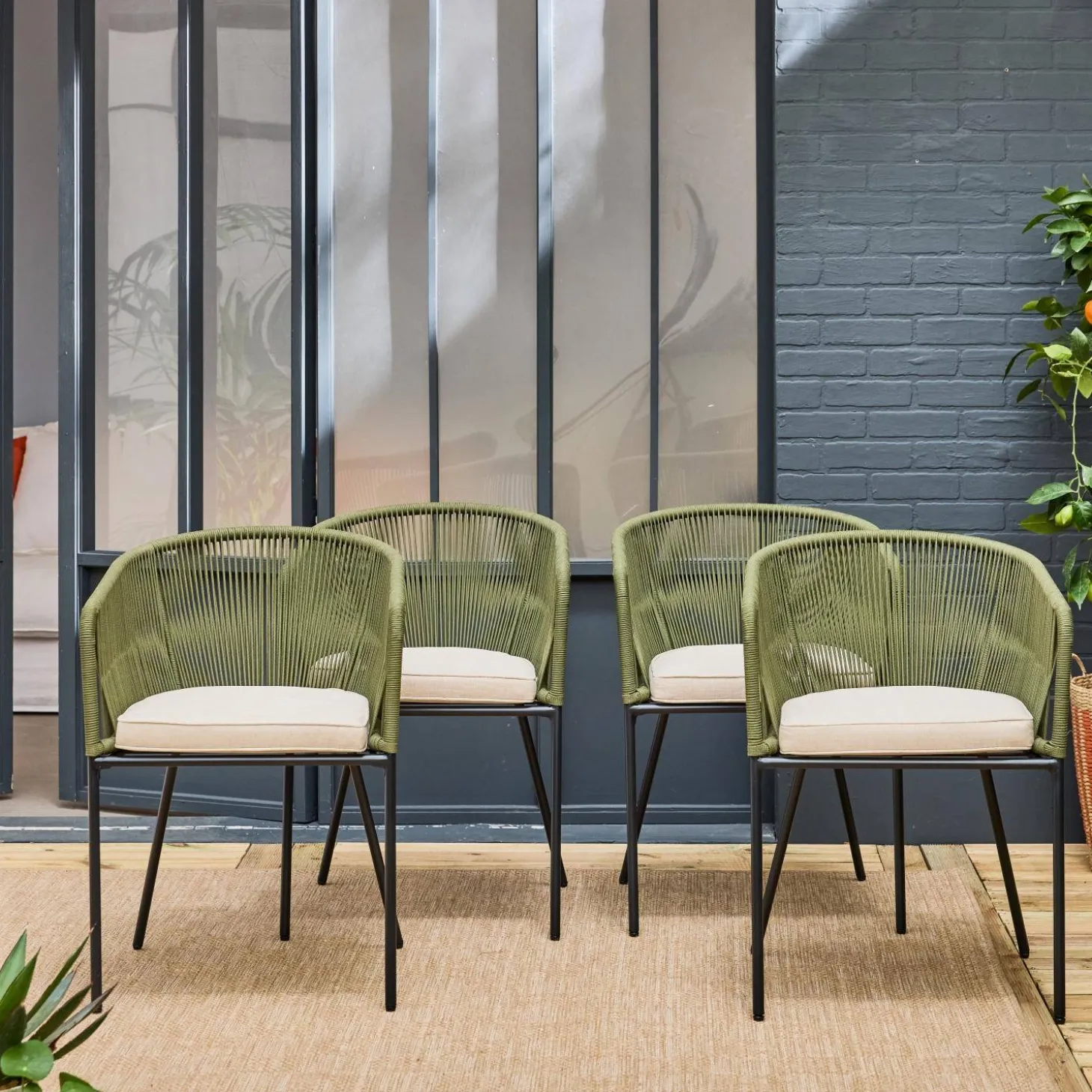 Cadeirão de jardim em corda e aço galvanizado, set de 4