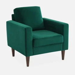 Cadeirão de veludo vintage com pernas de madeira