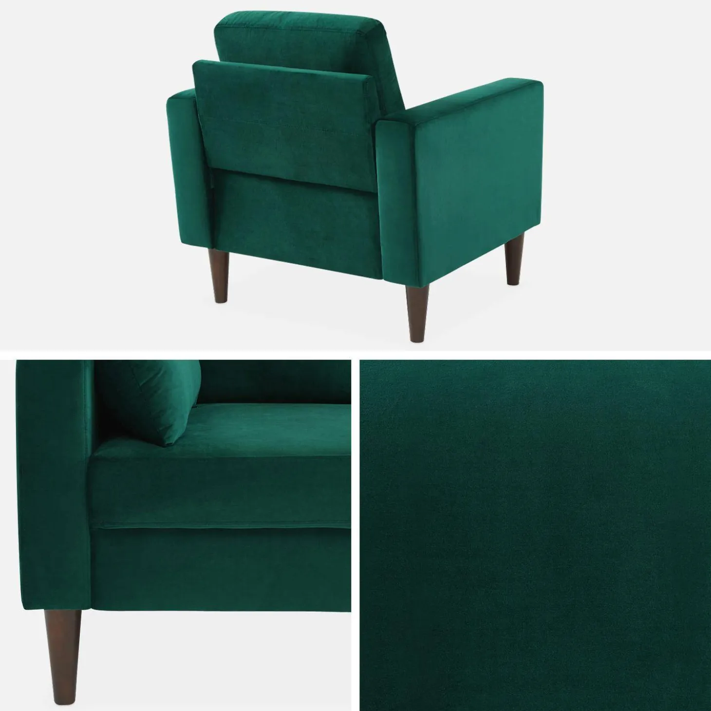 Cadeirão de veludo vintage com pernas de madeira