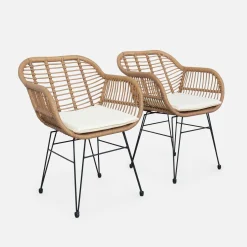 Cadeirão em resina e metal com efeito rattan, set de 2