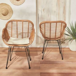 Cadeirão em resina e metal com efeito rattan, set de 2