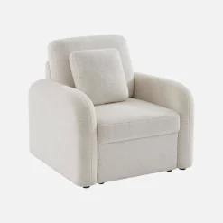 Cadeirão em tecido boucle branco, linhas arredondadas