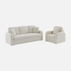 Cadeirão em tecido boucle branco, linhas arredondadas