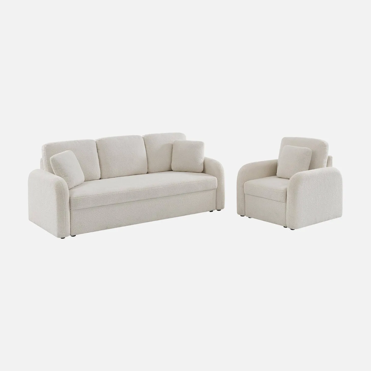 Cadeirão em tecido boucle branco, linhas arredondadas