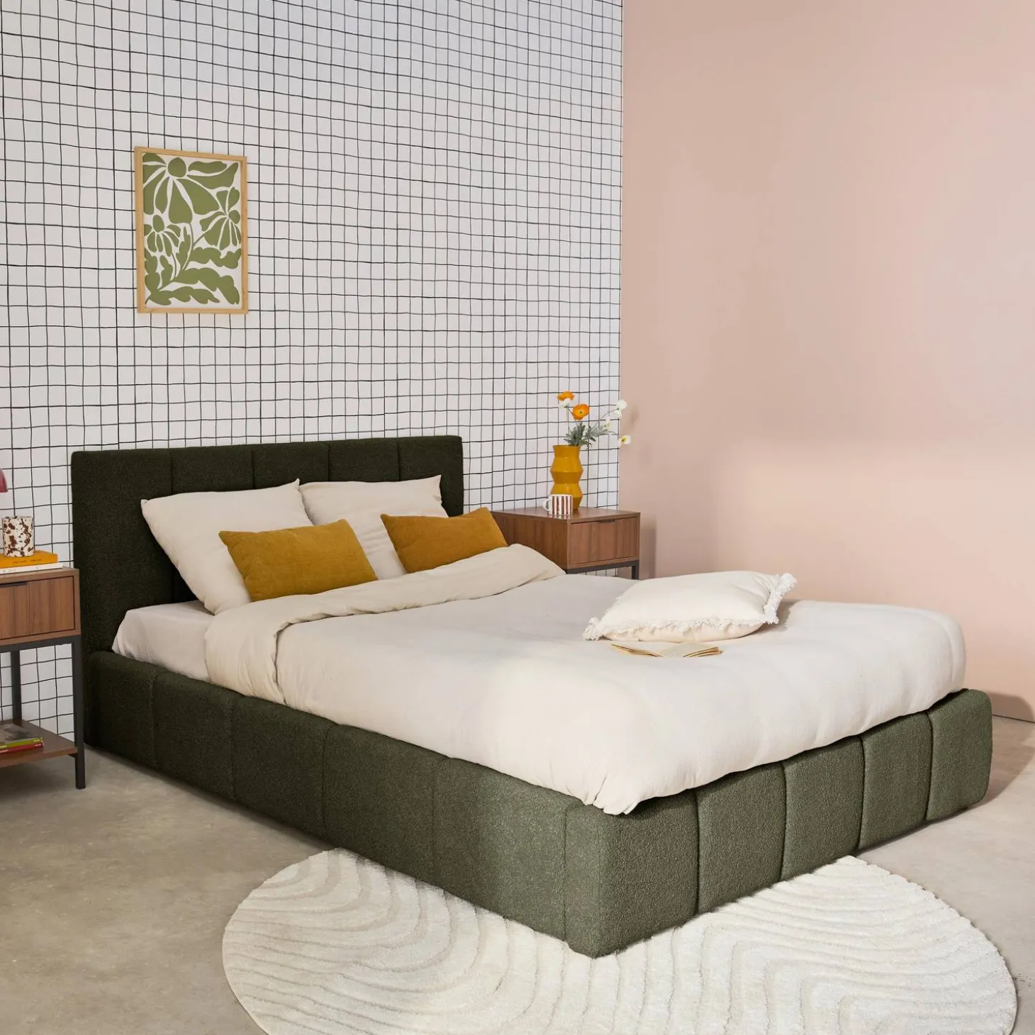 Cama baú com estrado de ripas e cabeceira 160x200cm, acabado em boucle