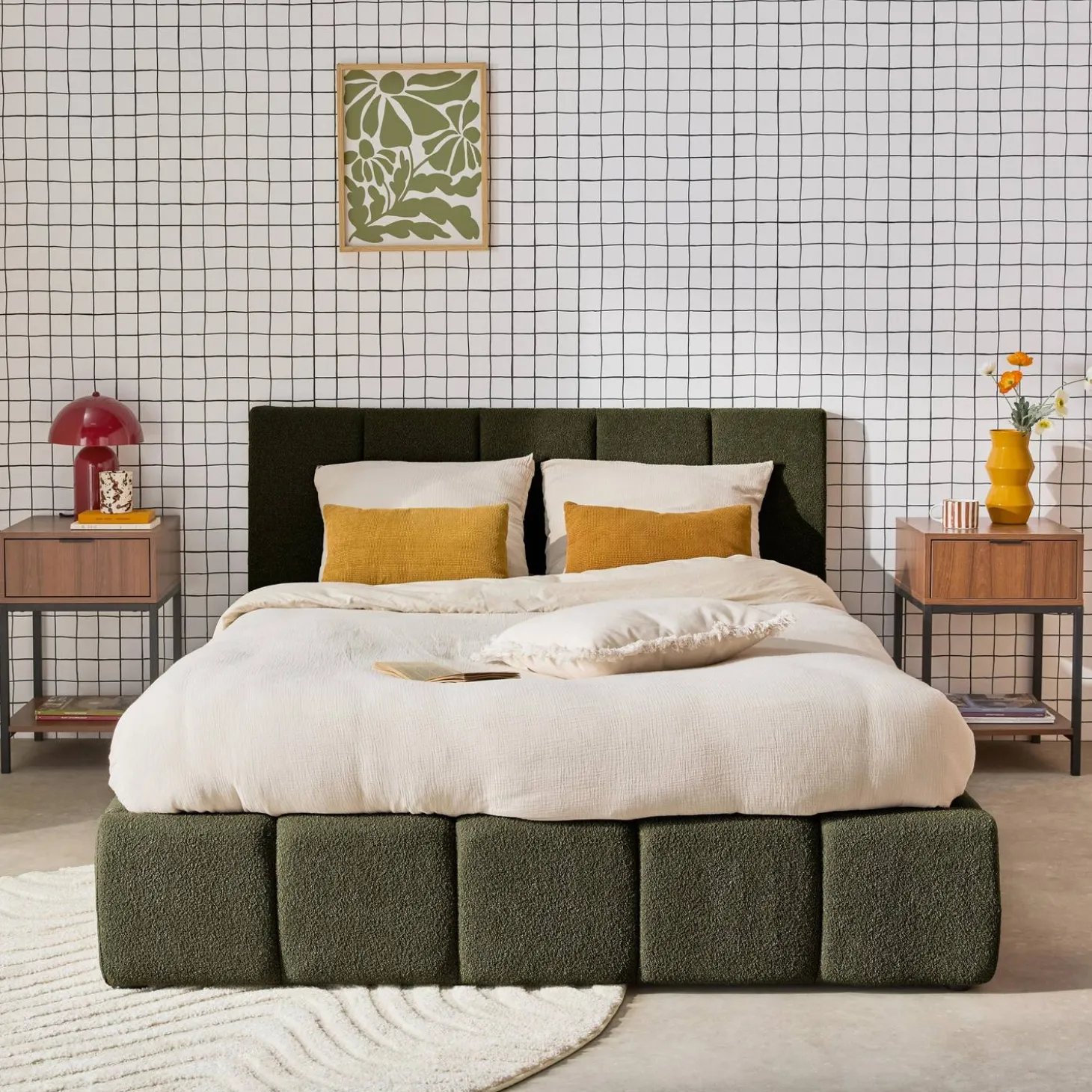 Cama baú com estrado de ripas e cabeceira 160x200cm, acabado em boucle
