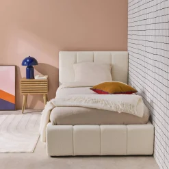 Cama baú com estrado de ripas e cabeceira 90x190cm, acabamento boucle