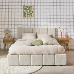 Cama baú com estrado de ripas e cabeceira 140cm, acabamento boucle