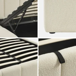 Cama baú com estrado de ripas e cabeceira 140cm, acabamento boucle