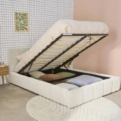 Cama baú com estrado de ripas e cabeceira 140cm, acabamento boucle