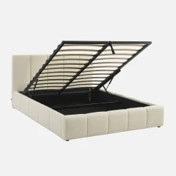Cama baú com estrado de ripas e cabeceira 140cm, acabamento boucle