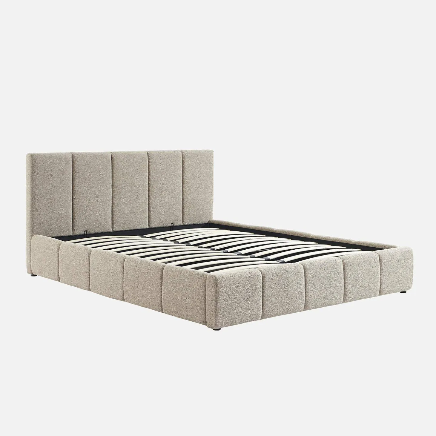 Cama baú com estrado de ripas e cabeceira 160x200cm, acabado em boucle