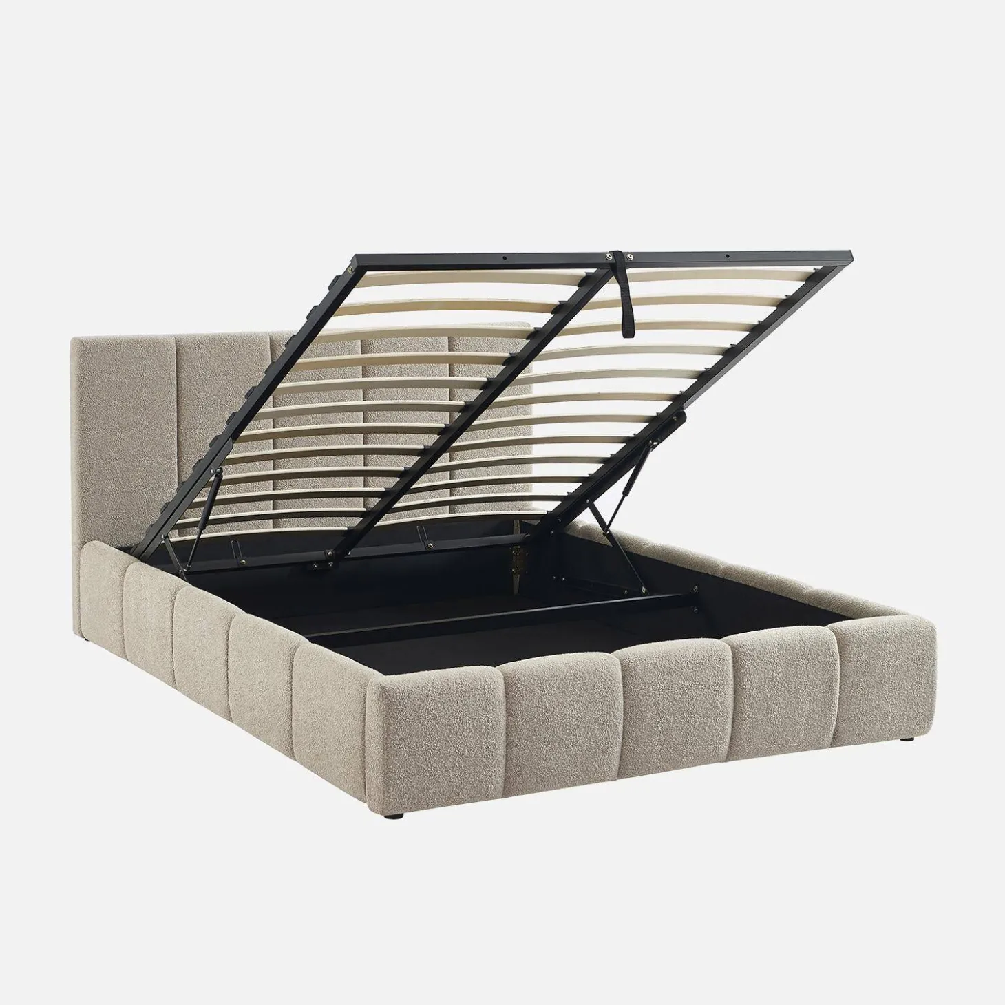 Cama baú com estrado de ripas e cabeceira 140cm, acabamento boucle