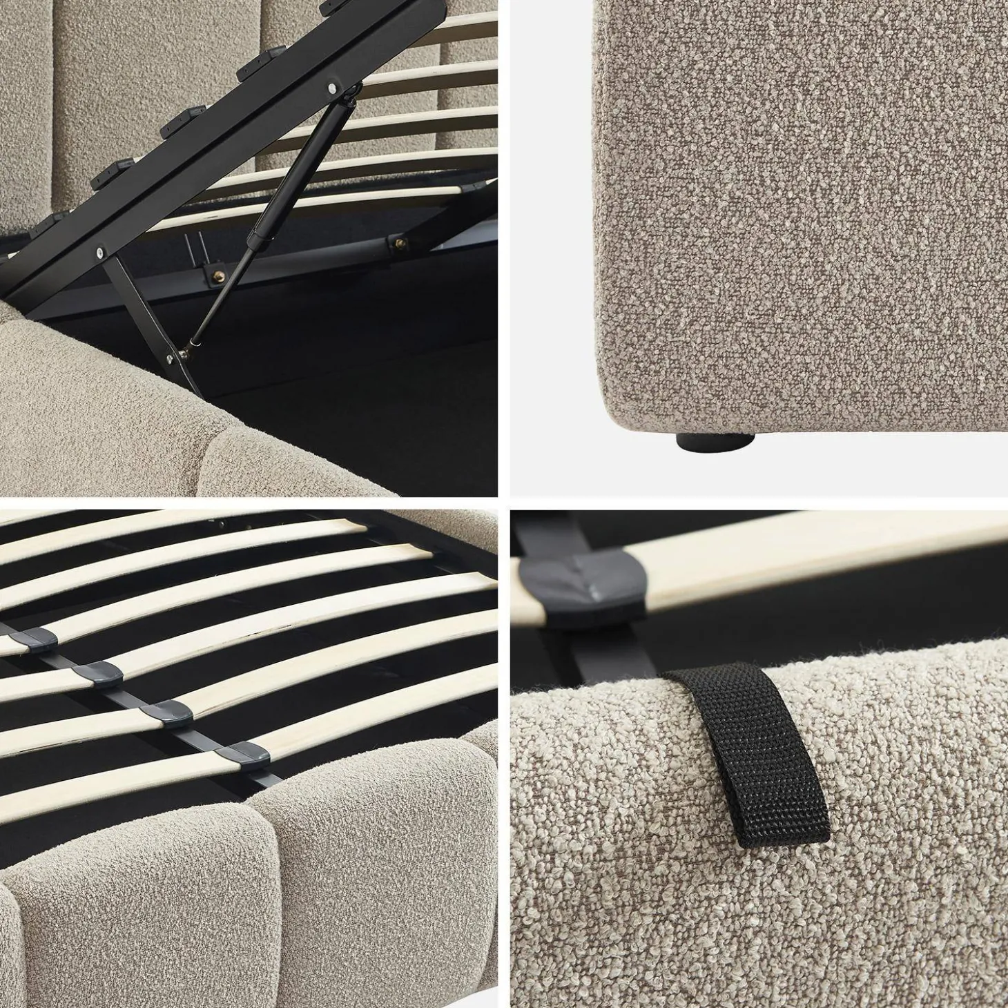 Cama baú com estrado de ripas e cabeceira 140cm, acabamento boucle