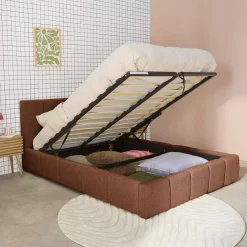 Cama baú com estrado de ripas e cabeceira 140cm, acabamento boucle