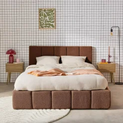 Cama baú com estrado de ripas e cabeceira 160x200cm, acabado em boucle