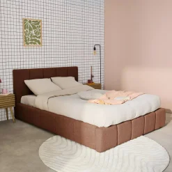 Cama baú com estrado de ripas e cabeceira 160x200cm, acabado em boucle