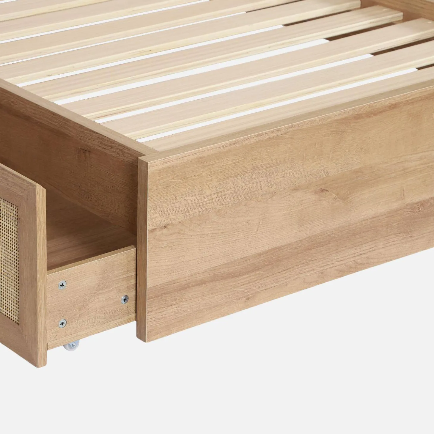 Cama boêmia com estrado de ripas e cabeceira 90cm + 2 gavetas