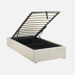 Cama com base de ripas, acabamento boucle, branco