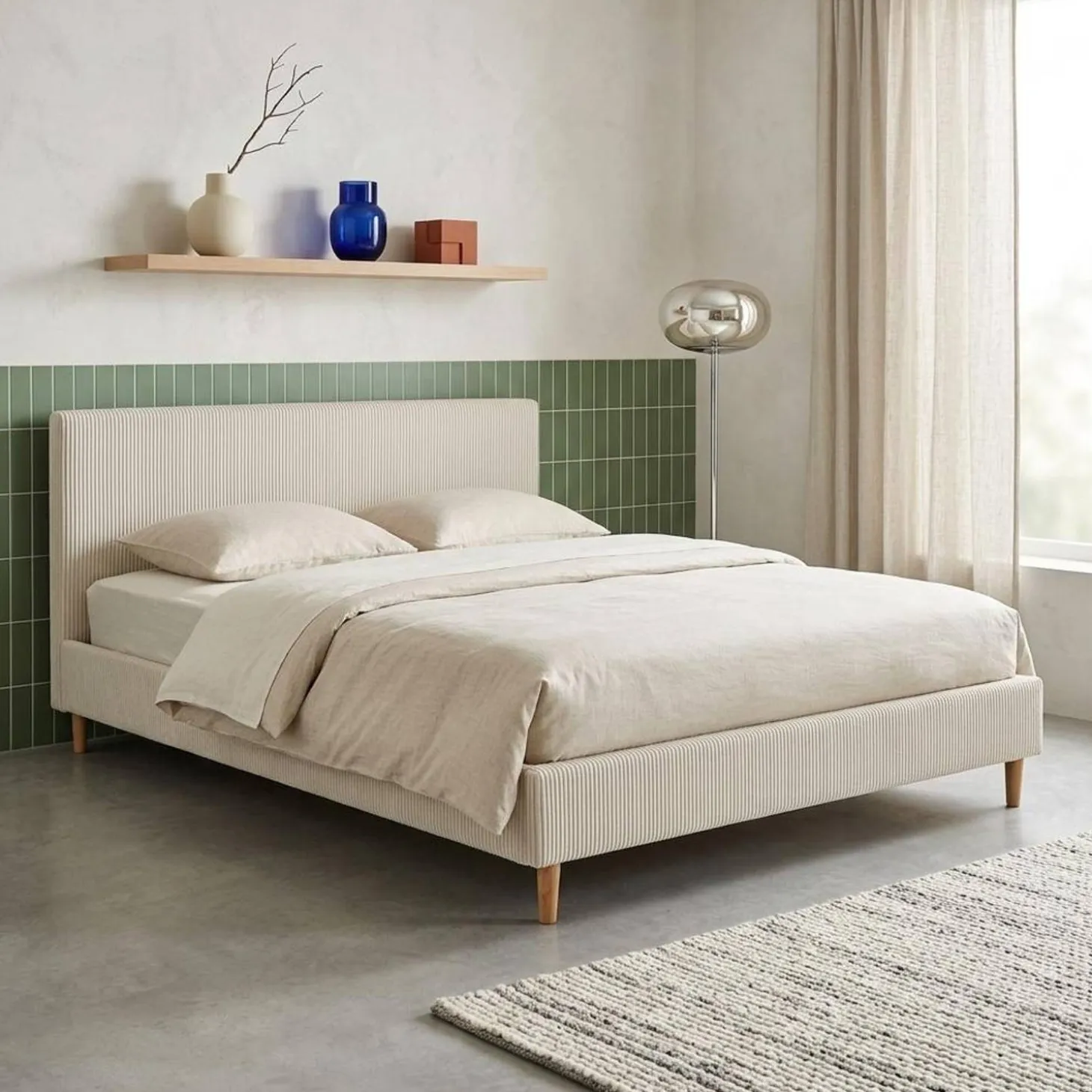 Cama com base de ripas e cabeceira 160x200cm, em veludo canelado fino