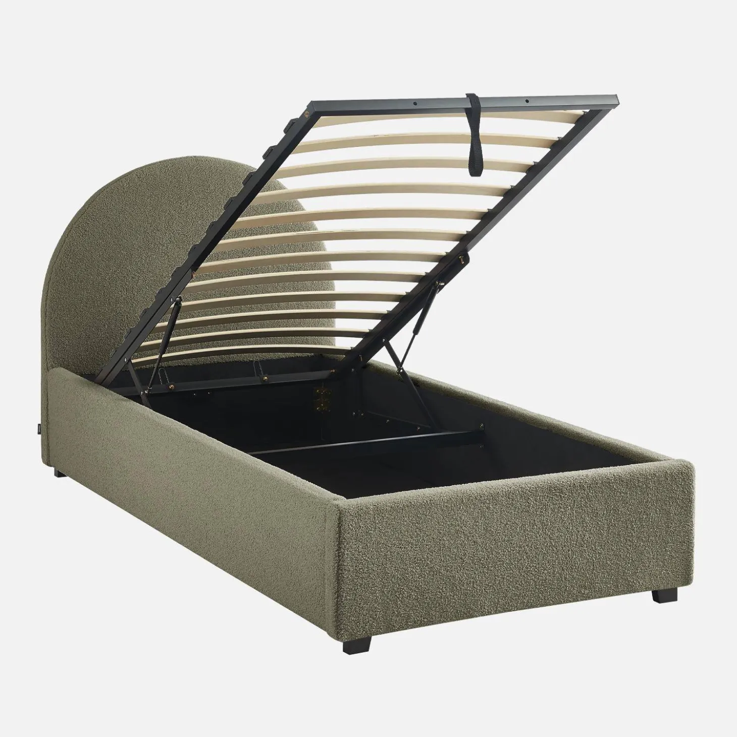 Cama com base de ripas e cabeceira 90x190cm, acabamento boucle