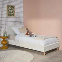 Cama com base de ripas e cabeceira 90x190cm, em veludo canelado fino