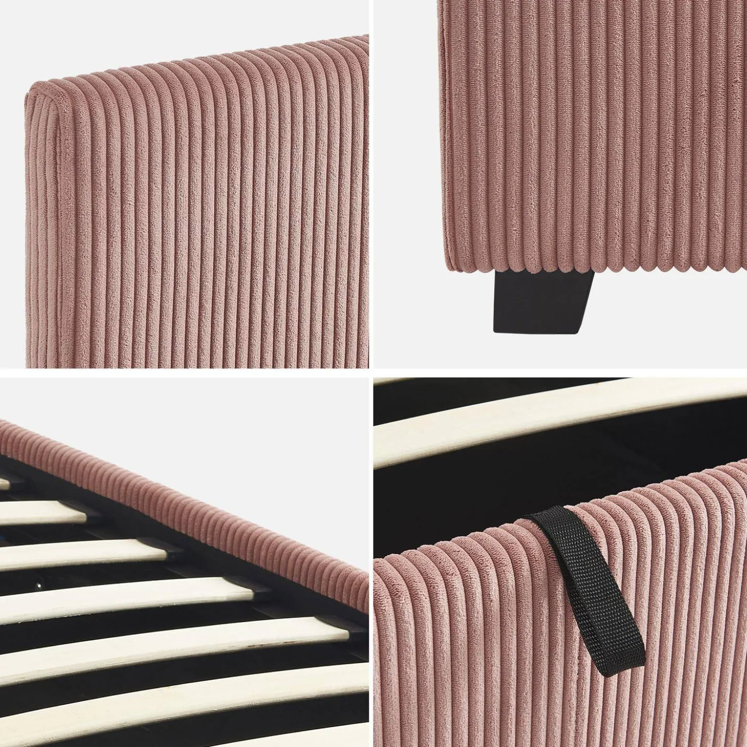 Cama com base de ripas e cabeceira 90x190cm, veludo canelado fino