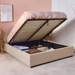 Cama com base de ripas e cabeceira 140x190cm, acabamento boucle