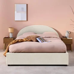 Cama com base de ripas e cabeceira 160x200cm, acabamento boucle