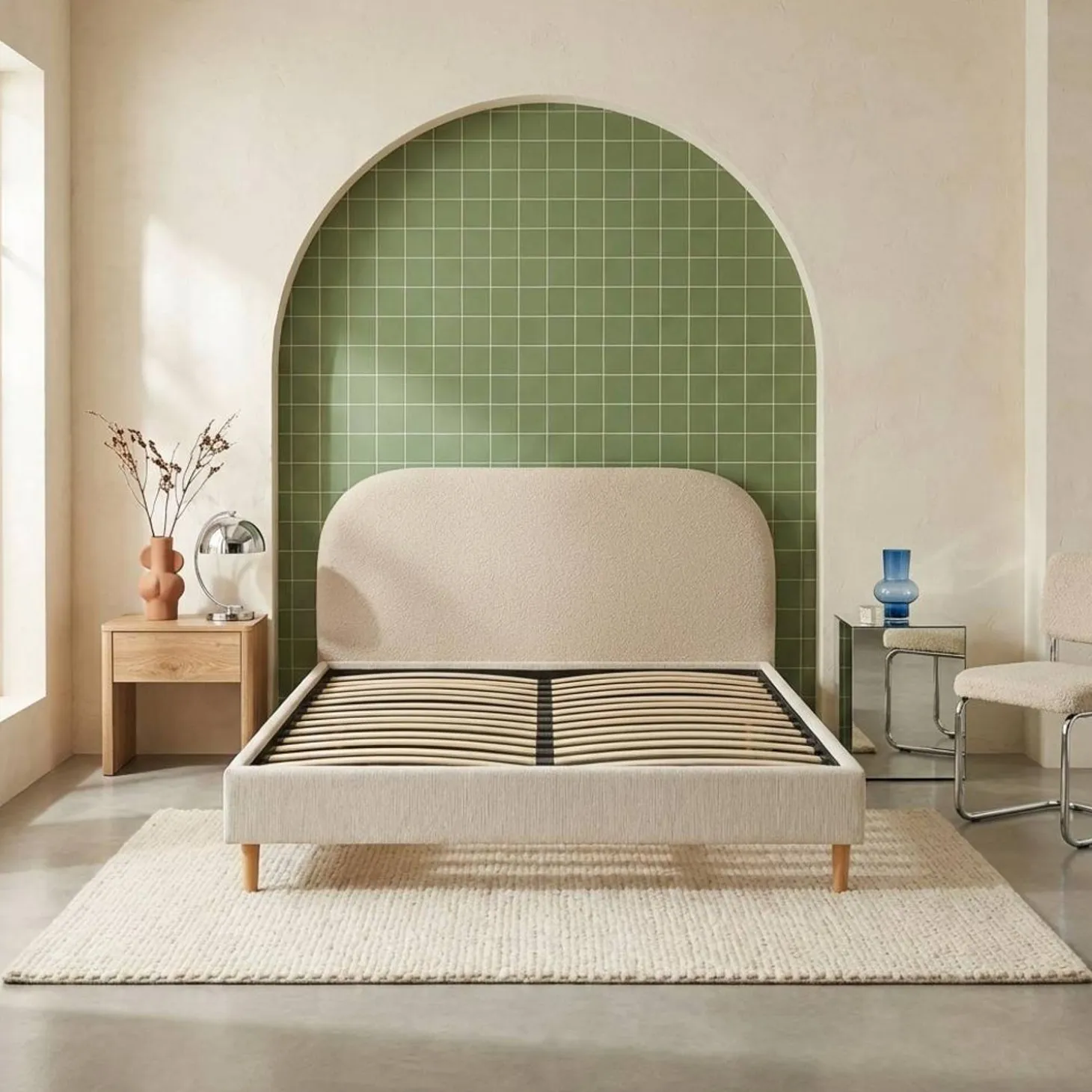 Cama com base de ripas 160x200cm, veludo canelado fino